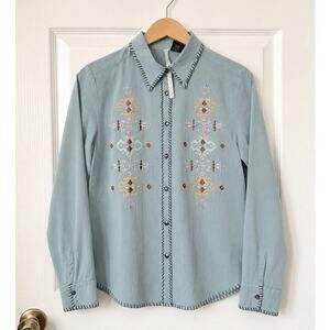 MARTINI RANCH Embroidered Western Button Front Shirt Blue Large Southwestern